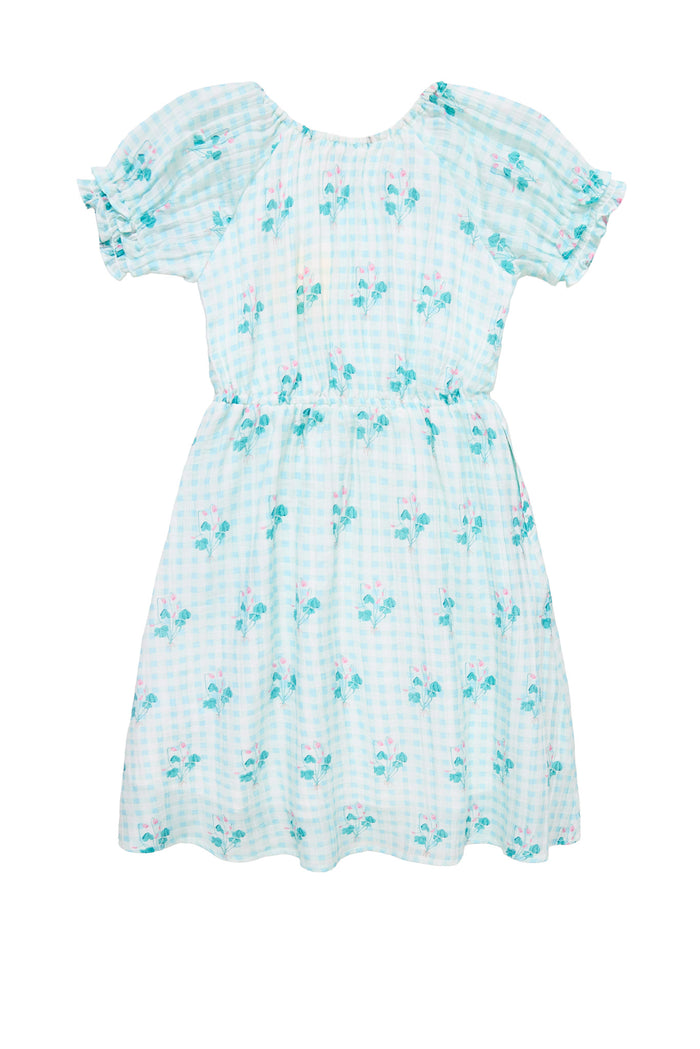 the back of a blue floral dress against a white background