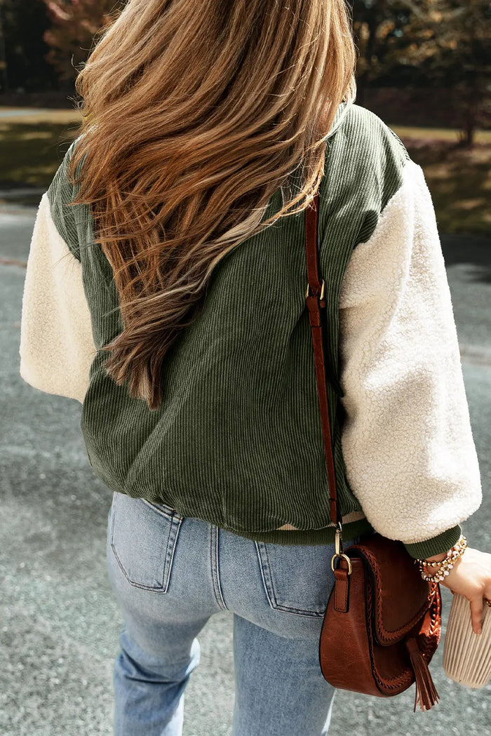 Mist Green Corduroy Fleece Patchwork Buttoned Bomber Jacket - Outerwear/Jackets