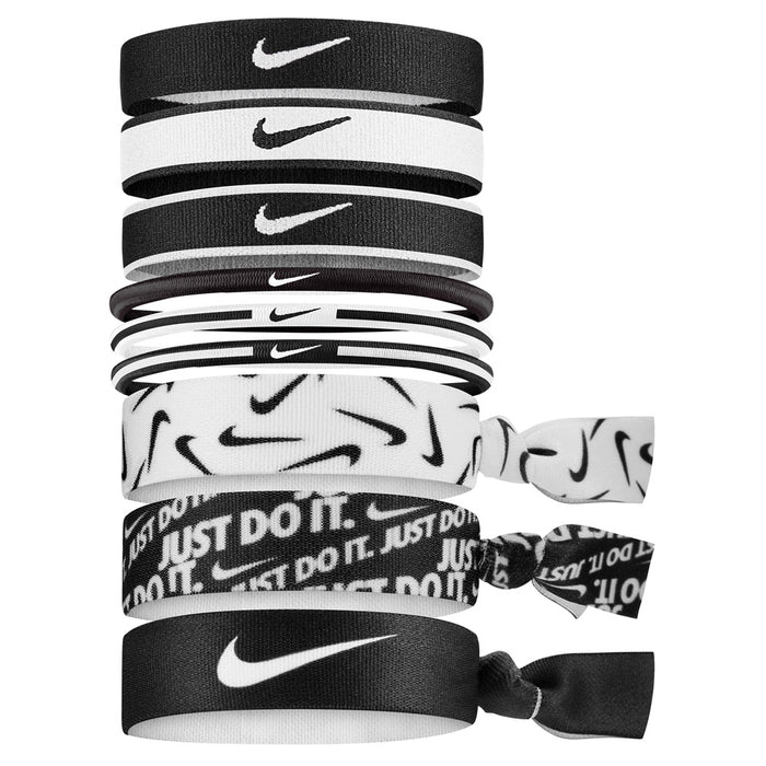 Nike mixed hairbands 9-pack with black, white, and black elastic hair accessories for sporty, stylish hair styling.