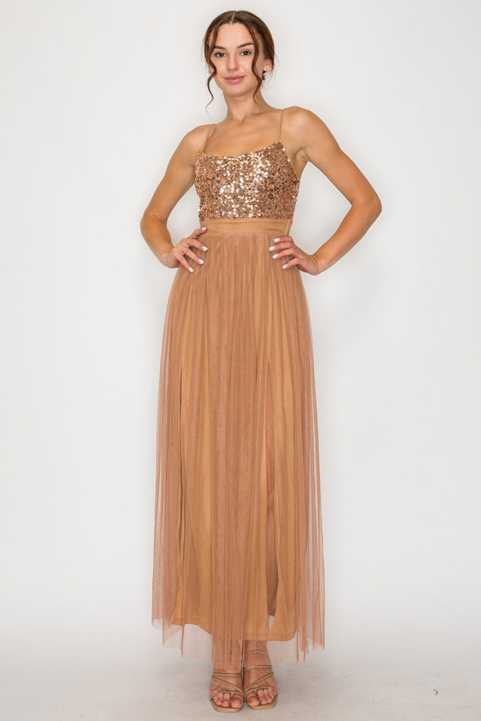 Mocha Sequin Sheer Tulle Maxi Dress