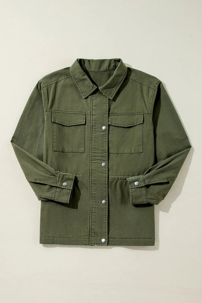 Moss Green Snap Button Zipper Tight Waist Collared Jacket - Outerwear/Jackets