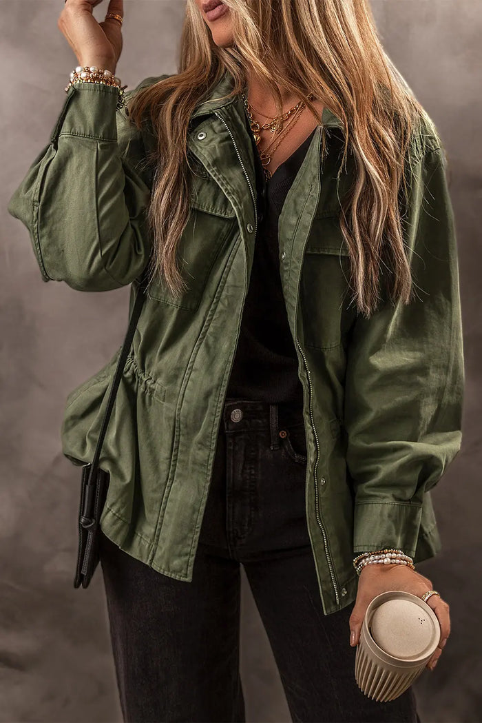 Moss Green Snap Button Zipper Tight Waist Collared Jacket - MOSS GREEN / S / 100% COTTON - Outerwear/Jackets