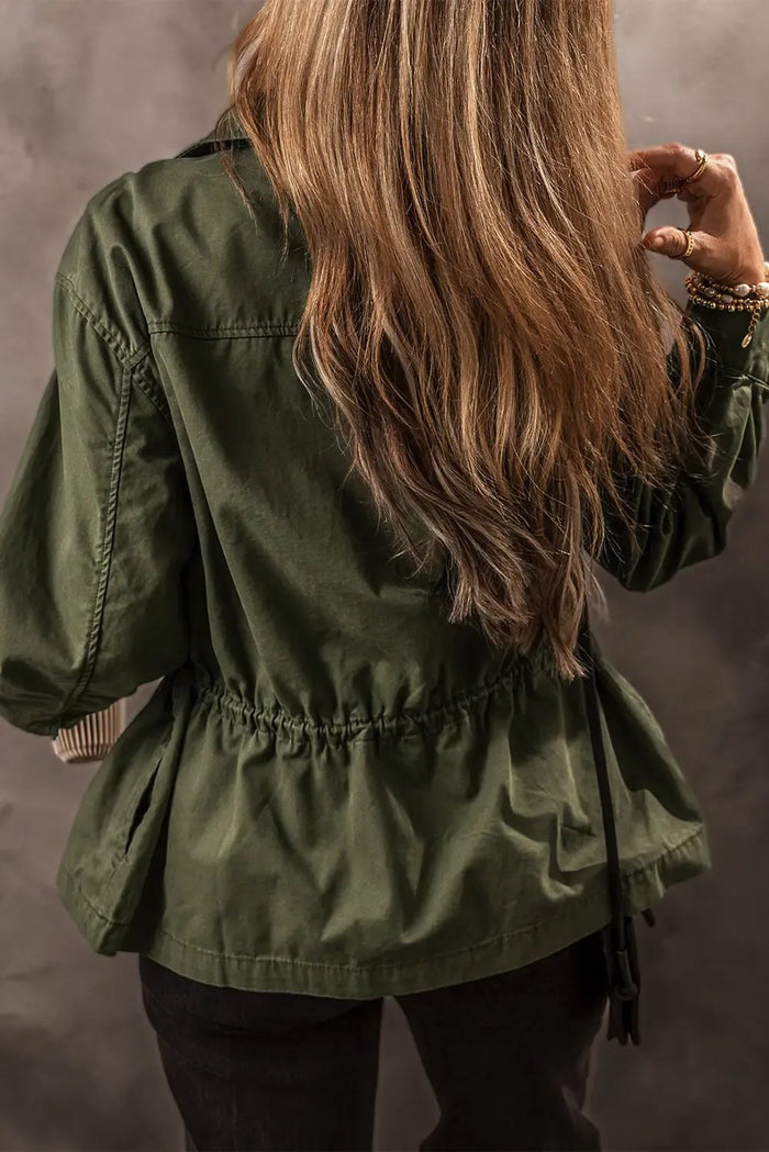 Moss Green Snap Button Zipper Tight Waist Collared Jacket - Outerwear/Jackets