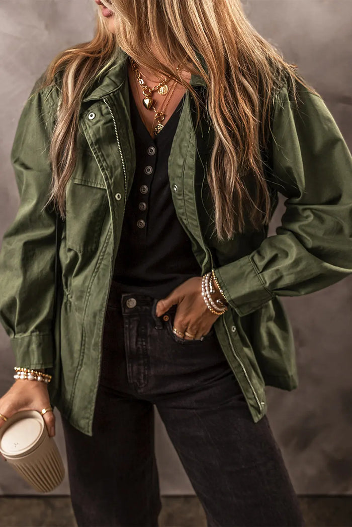 Moss Green Snap Button Zipper Tight Waist Collared Jacket - Outerwear/Jackets
