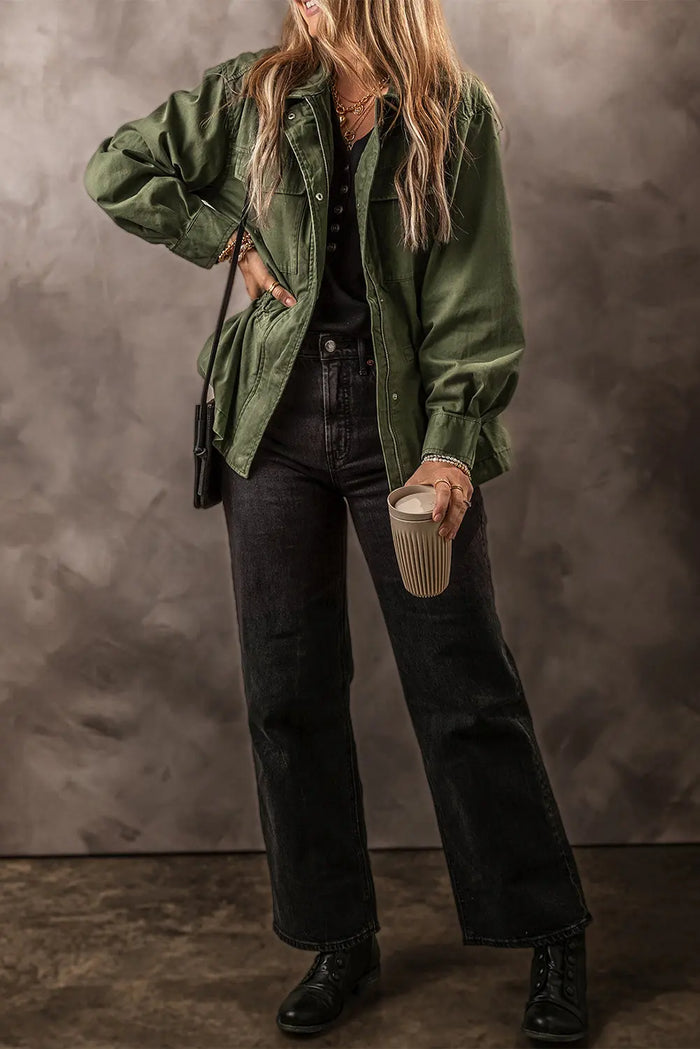 Moss Green Snap Button Zipper Tight Waist Collared Jacket - Outerwear/Jackets