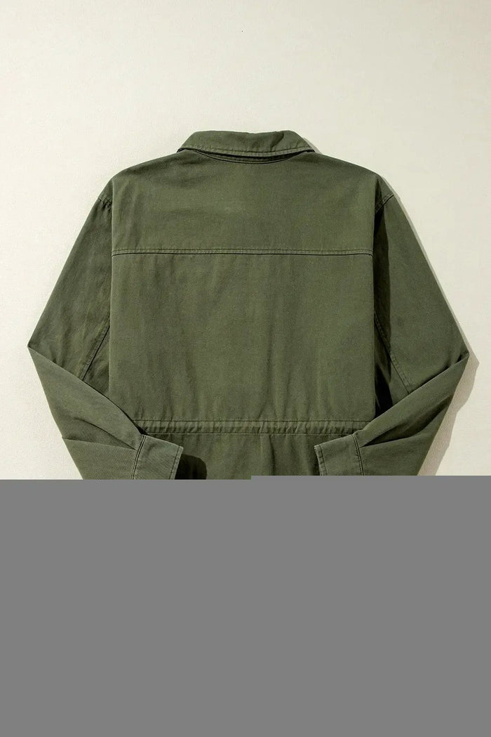 Moss Green Snap Button Zipper Tight Waist Collared Jacket - Outerwear/Jackets