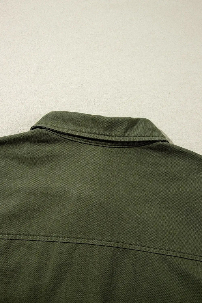 Moss Green Snap Button Zipper Tight Waist Collared Jacket - Outerwear/Jackets