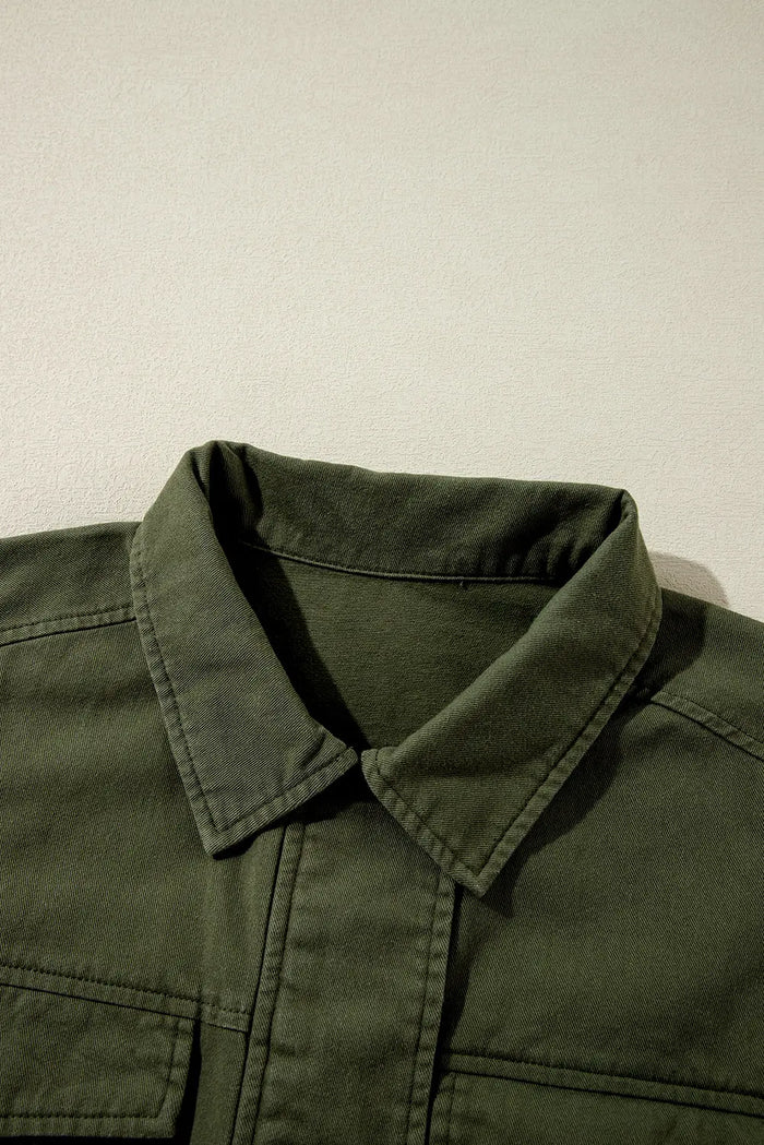 Moss Green Snap Button Zipper Tight Waist Collared Jacket - Outerwear/Jackets