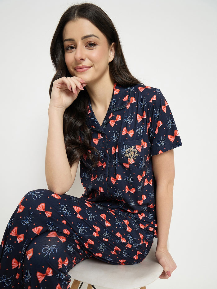 mSECRET Blue Printed Night Suit Set