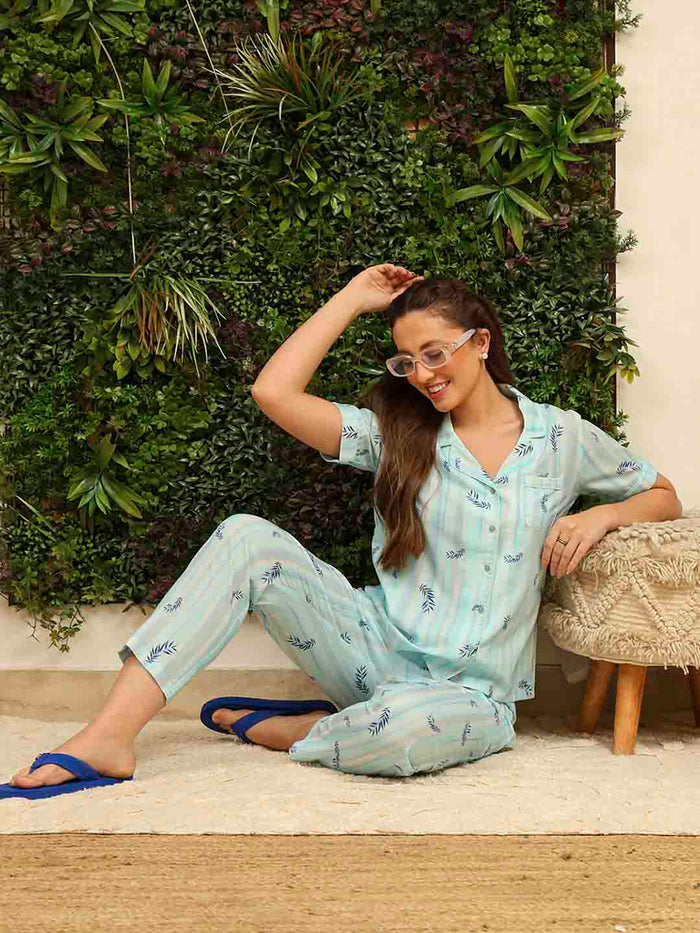 mSECRET Rayon Striped Top and Bottom Aqua Blue Night Suit