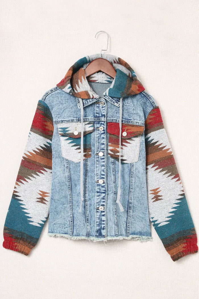 Multicolour Aztec Print Frayed Hem Denim Jacket - Outerwear/Denim jackets