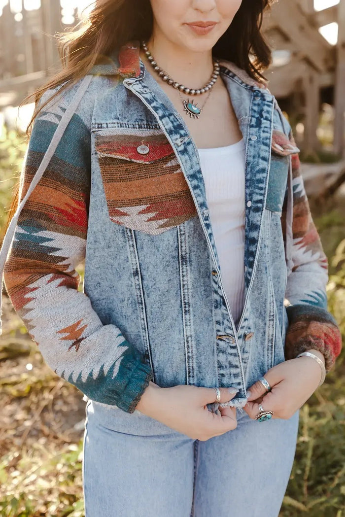 Multicolour Aztec Print Frayed Hem Denim Jacket - MULTICOLOR / S / 75% COTTON + 25% POLYESTER - Outerwear/Denim jackets