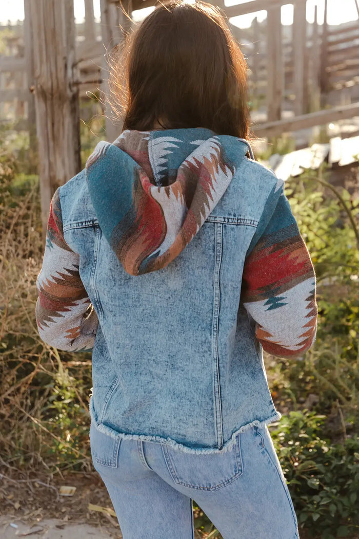 Multicolour Aztec Print Frayed Hem Denim Jacket - Outerwear/Denim jackets