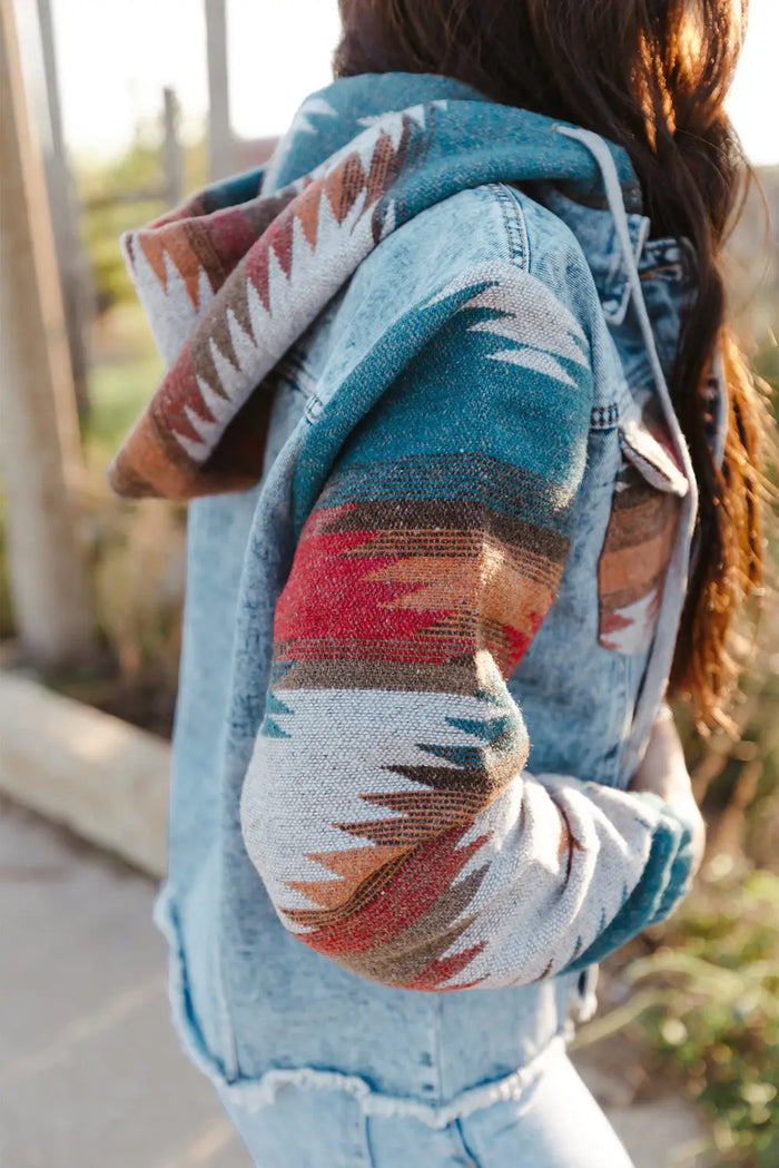 Multicolour Aztec Print Frayed Hem Denim Jacket - Outerwear/Denim jackets