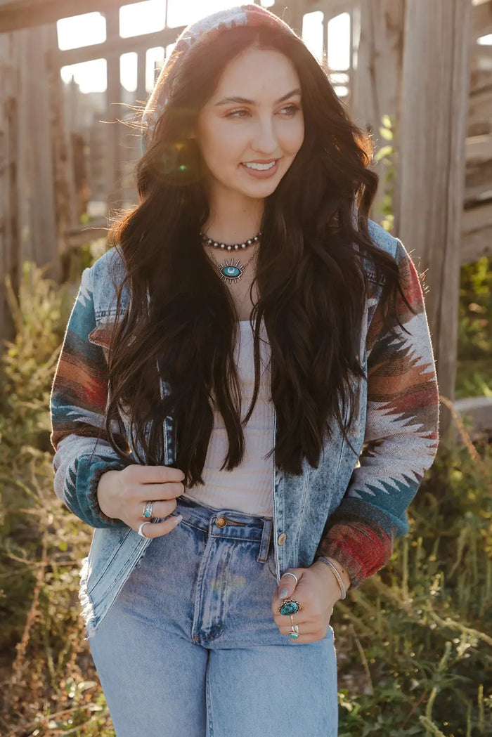 Multicolour Aztec Print Frayed Hem Denim Jacket - Outerwear/Denim jackets