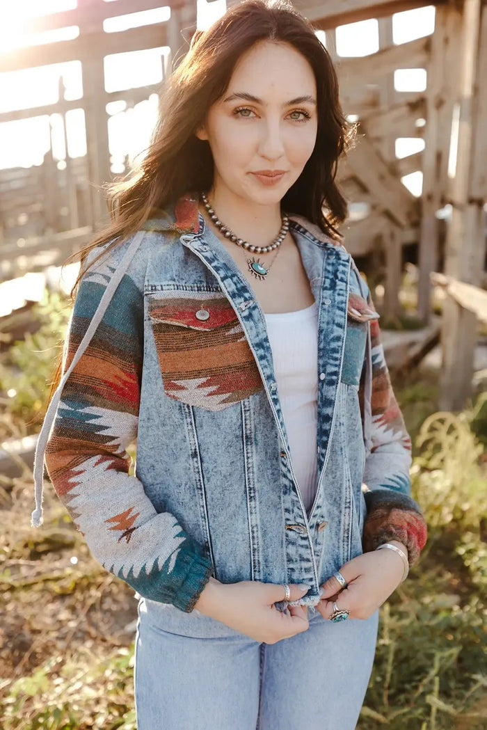 Multicolour Aztec Print Frayed Hem Denim Jacket - Outerwear/Denim jackets