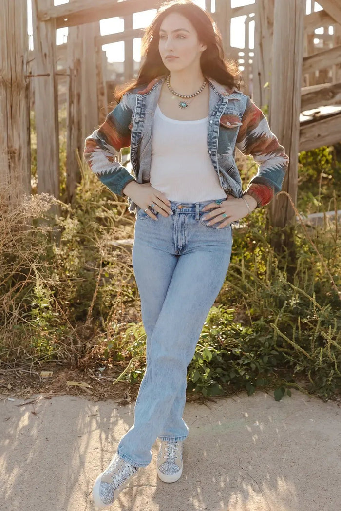 Multicolour Aztec Print Frayed Hem Denim Jacket - Outerwear/Denim jackets