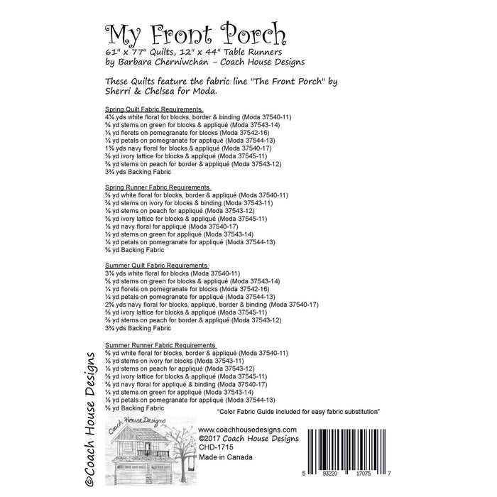This page contains information about a lap quilt sewing pattern titled 'My Front Porch' by Coach House Designs. It includes specifications and yardage requirements from the fabric collection 'The Front Porch' by Sherri & Chelsi for Moda.