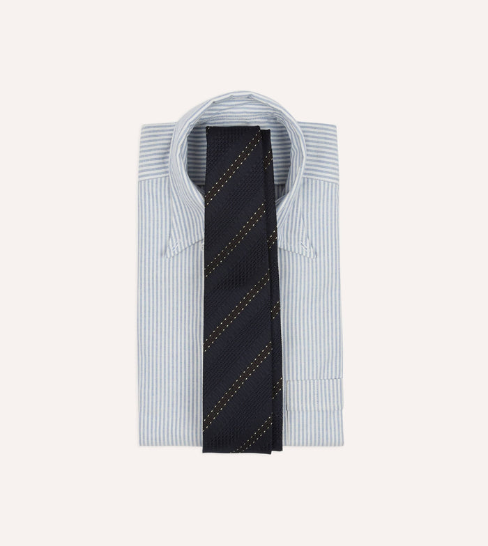 Navy and Brown Stitch Stripe Hand Rolled Silk Grenadine Tie