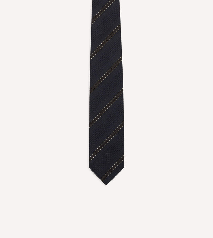 Navy and Brown Stitch Stripe Hand Rolled Silk Grenadine Tie