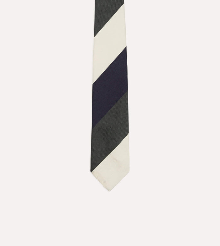Navy and Ecru Block Stripe Repp Silk Tipped Tie