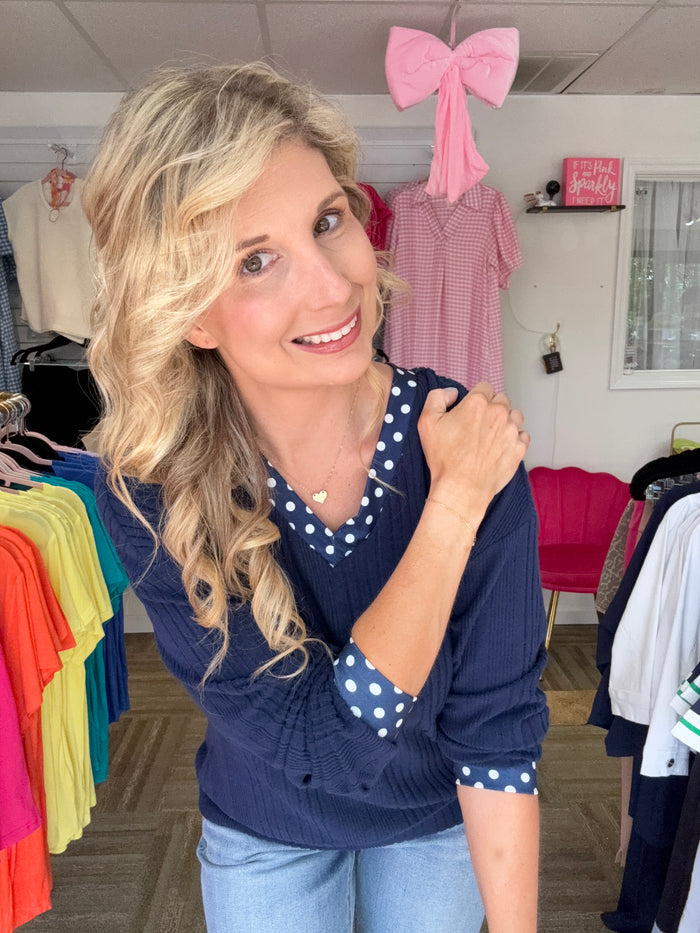 Navy Polka Dot Ribbed V-Neck Top with Back Bow Detail