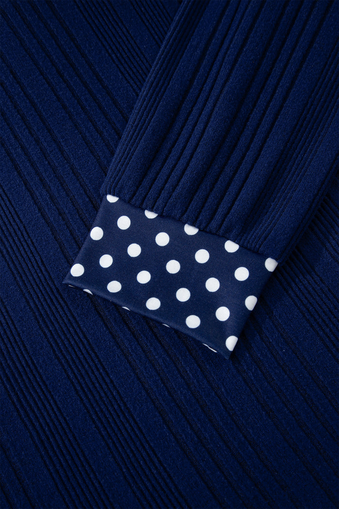 Navy Polka Dot Ribbed V-Neck Top with Back Bow Detail