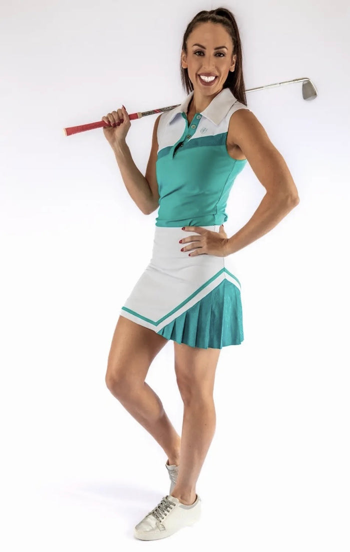 New Ashley Herrera White & Teal Side Pleated Golf Skort