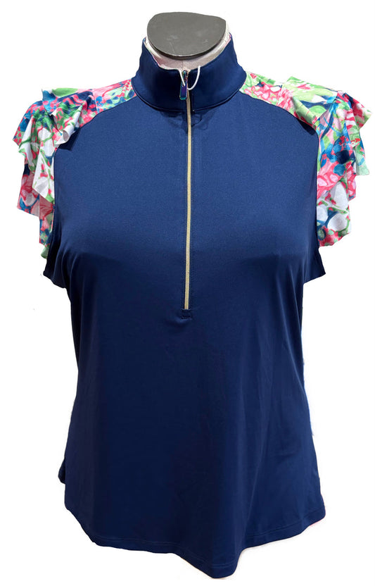 New Greg Norman Navy Mock w/ Floral Ruffle Layer Sleeves Size XL