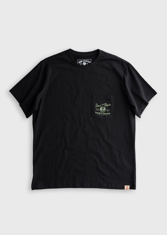 Men’s 7.5 oz organic combed cotton t-shirt in black, with chest pocket, custom graphic print and soft feel, lightweight everyday tee