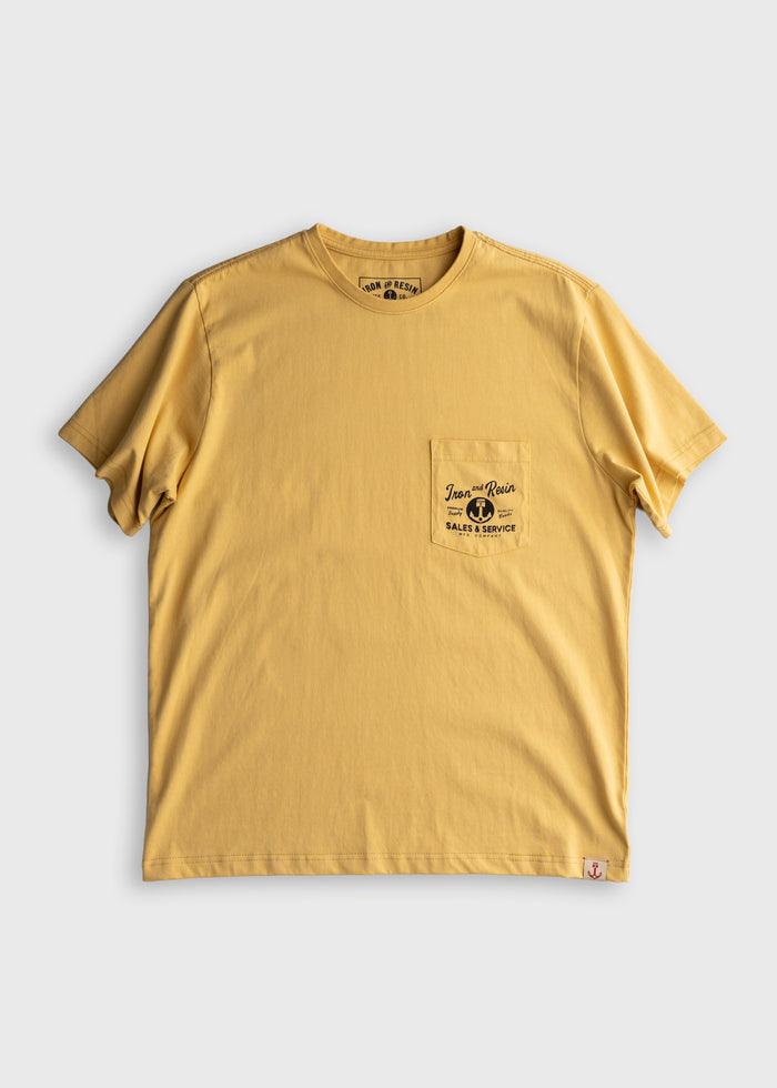 Men’s 7.5 oz organic combed cotton t-shirt in yellow, with chest pocket, custom graphic print and soft feel, lightweight everyday tee
