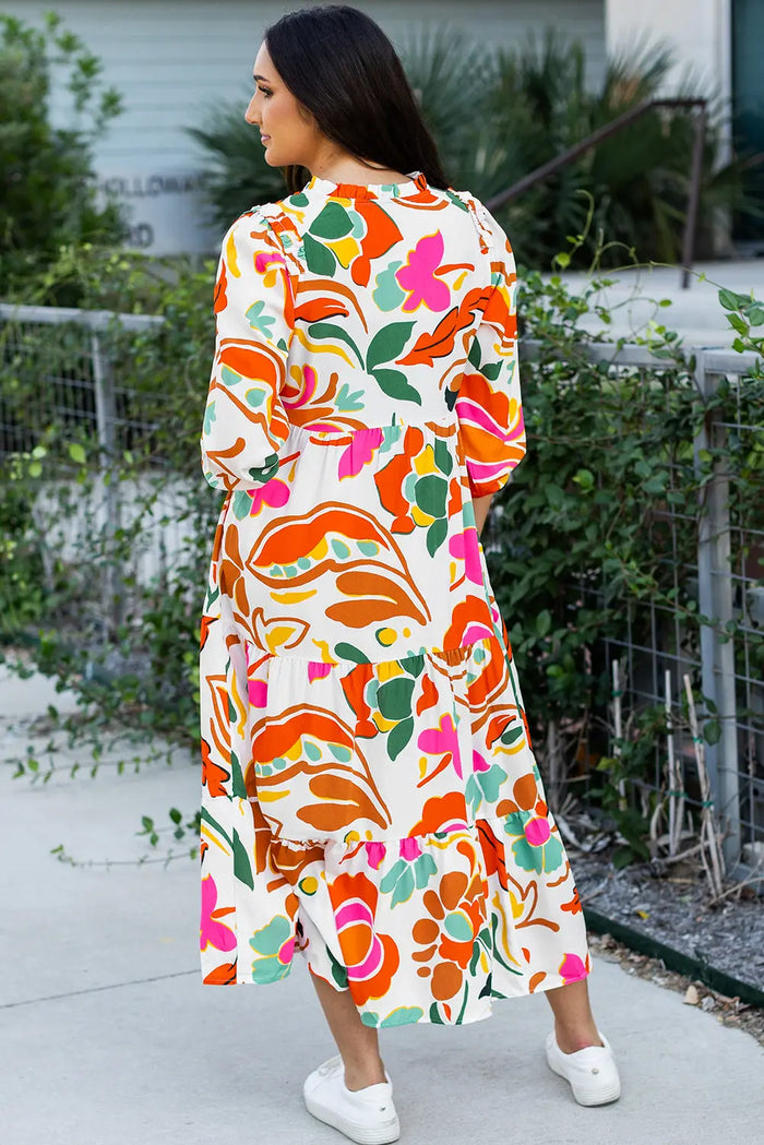 Orange Floral Print Split V Neck Tiered Maxi Dress - Dresses/Maxi Dresses