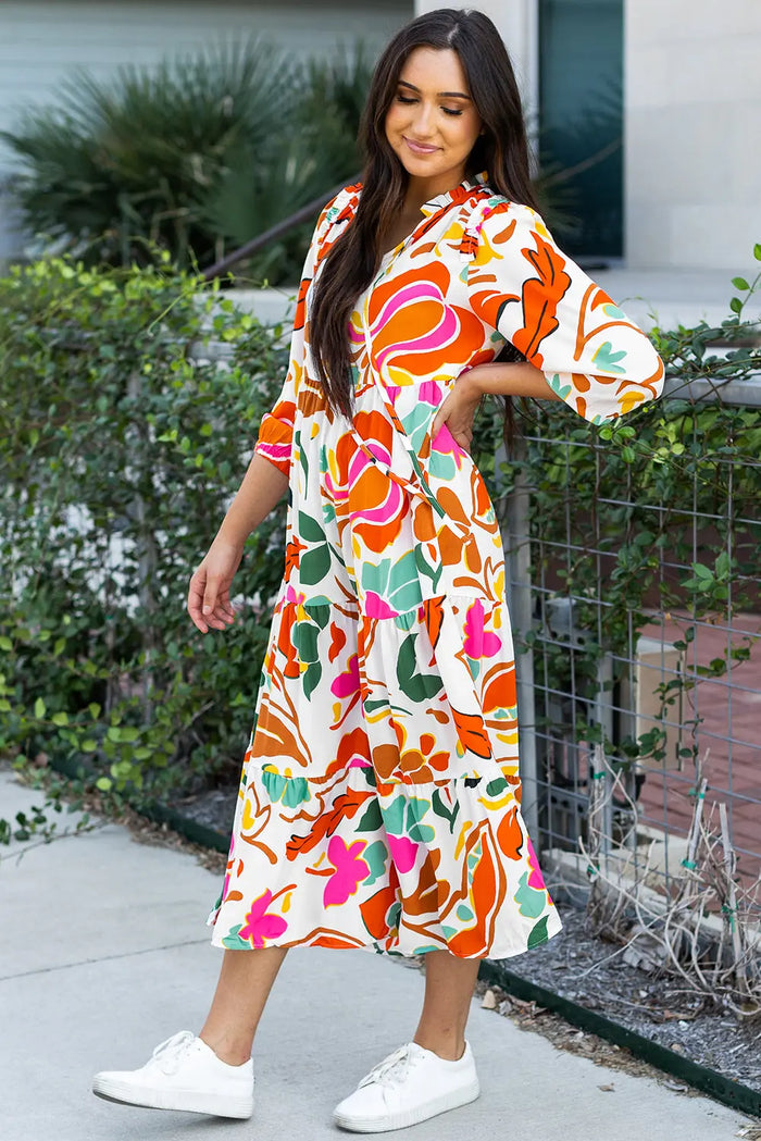 Orange Floral Print Split V Neck Tiered Maxi Dress - Dresses/Maxi Dresses