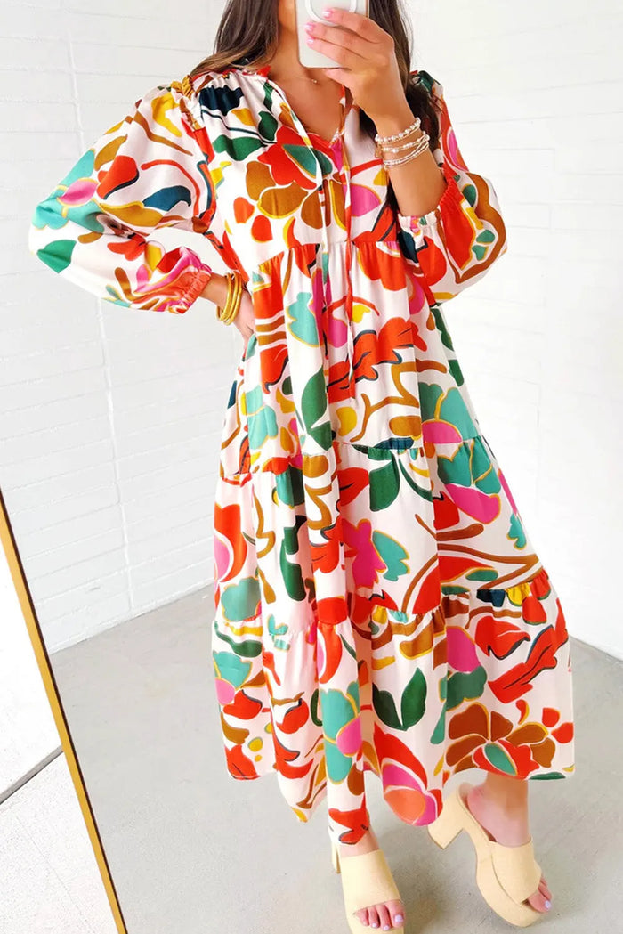 Orange Floral Print Split V Neck Tiered Maxi Dress - Dresses/Maxi Dresses
