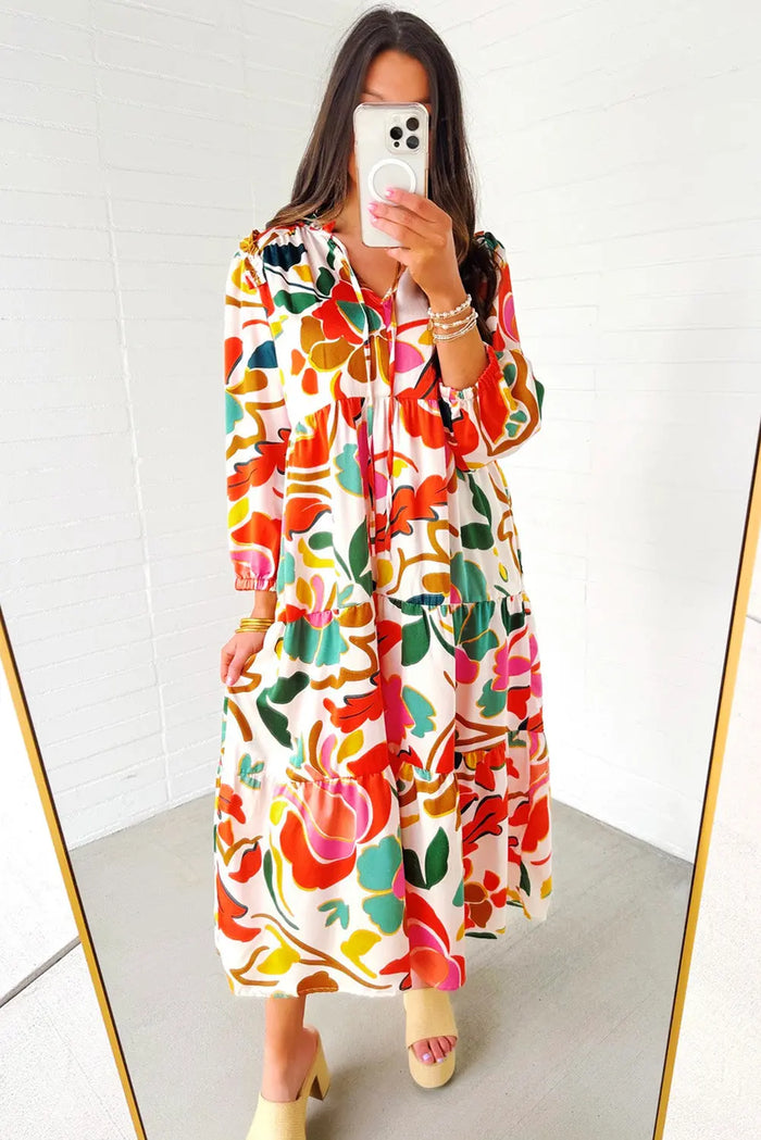 Orange Floral Print Split V Neck Tiered Maxi Dress - Dresses/Maxi Dresses