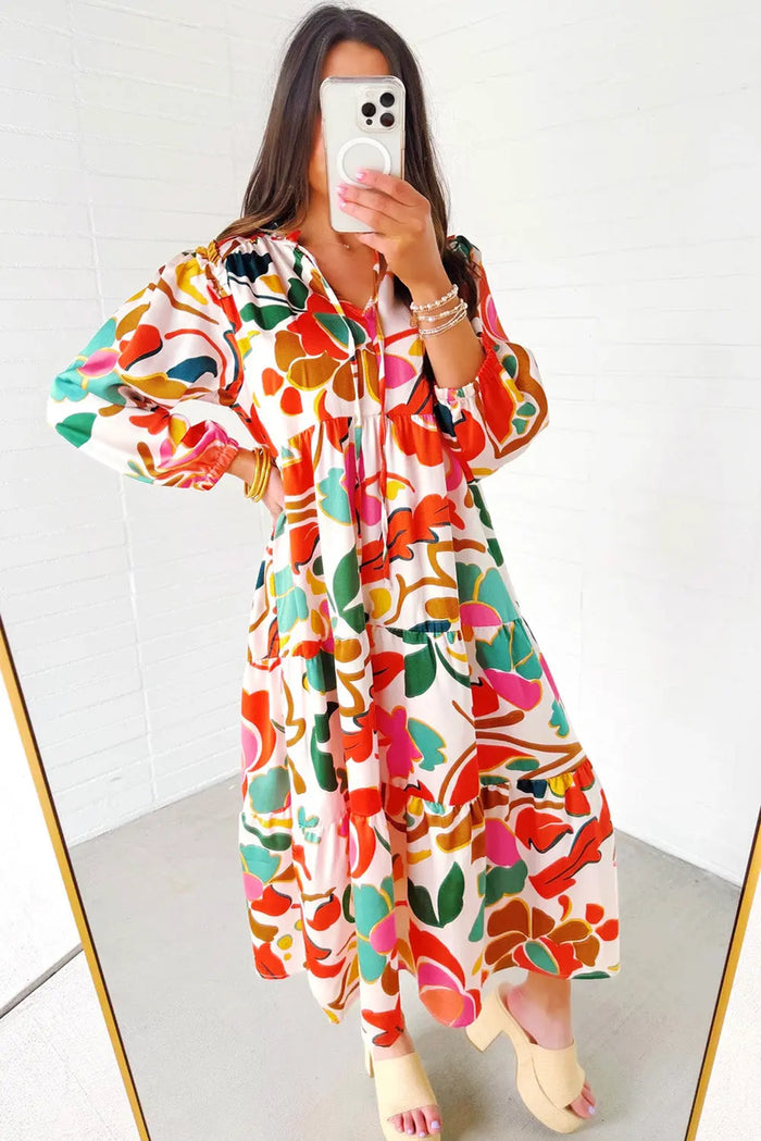 Orange Floral Print Split V Neck Tiered Maxi Dress - Dresses/Maxi Dresses