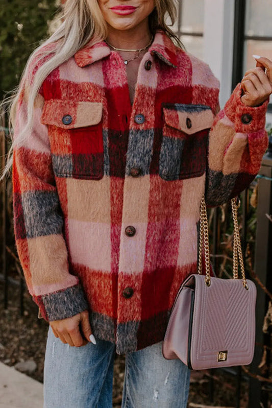 Orange Plaid Print Flap Pockets Buttoned Casual Plus Size Jacket - ORANGE / 1X - Size/Plus Outerwear