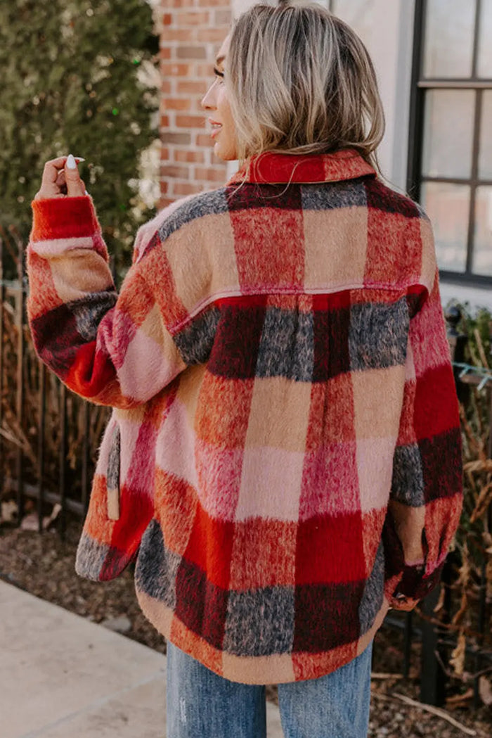 Orange Plaid Print Flap Pockets Buttoned Casual Plus Size Jacket - Size/Plus Outerwear