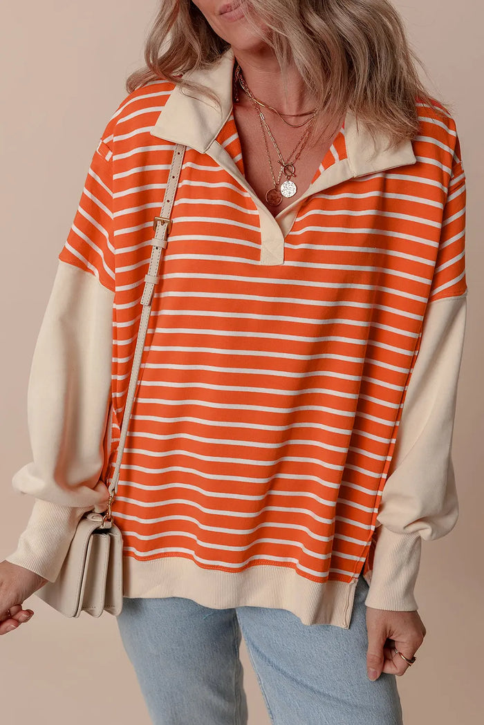 Orange Stripe Colour Block Loose Fit Collared Drop Shoulder Sweatshirt - S / 95% Cotton + 5% Elastane