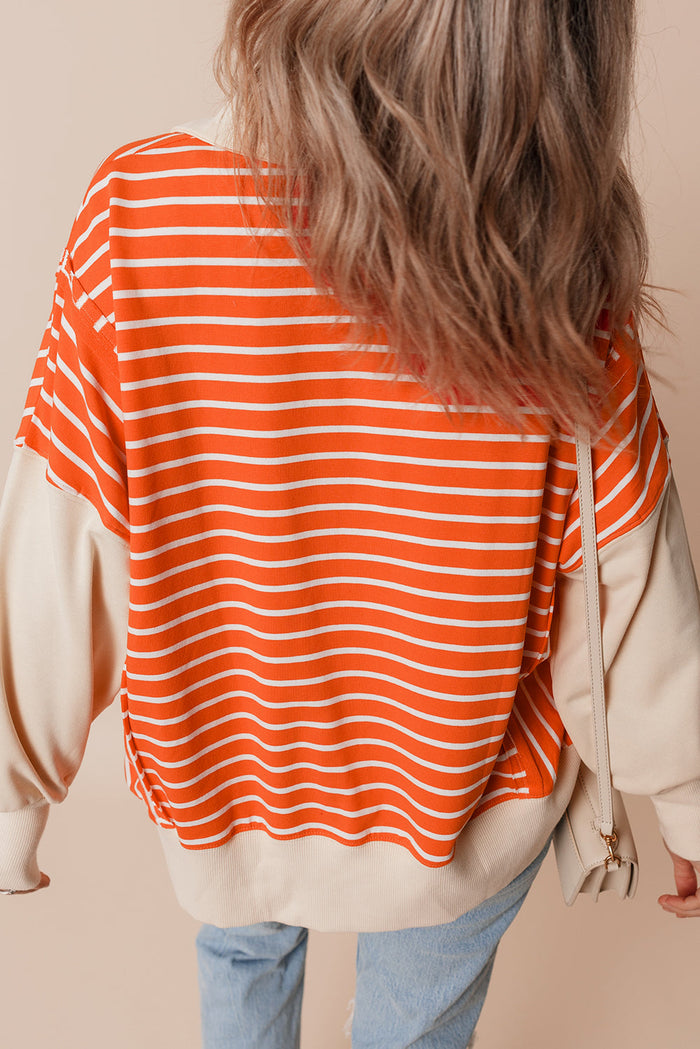 Orange Stripe Colour Block Loose Fit Collared Drop Shoulder Sweatshirt - Tops/Sweatshirts & Hoodies