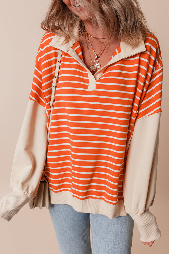 Orange Stripe Colour Block Loose Fit Collared Drop Shoulder Sweatshirt - Tops/Sweatshirts & Hoodies