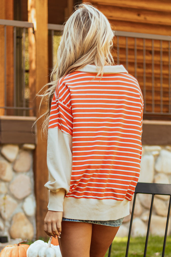 Orange Stripe Colour Block Loose Fit Collared Drop Shoulder Sweatshirt - Tops/Sweatshirts & Hoodies