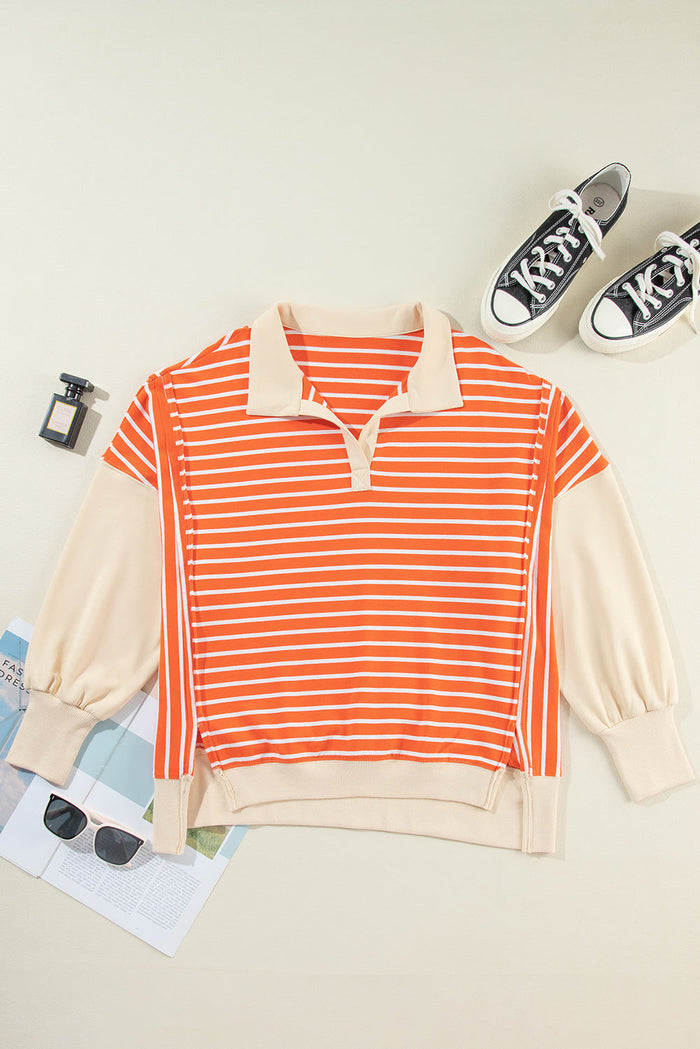 Orange Stripe Colour Block Loose Fit Collared Drop Shoulder Sweatshirt - Tops/Sweatshirts & Hoodies