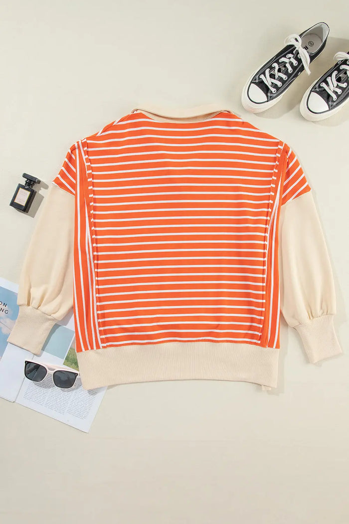 Orange Stripe Colour Block Loose Fit Collared Drop Shoulder Sweatshirt - Tops/Sweatshirts & Hoodies