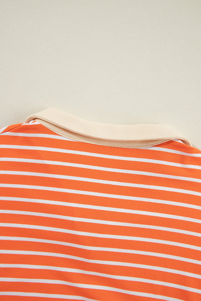 Orange Stripe Colour Block Loose Fit Collared Drop Shoulder Sweatshirt - Tops/Sweatshirts & Hoodies
