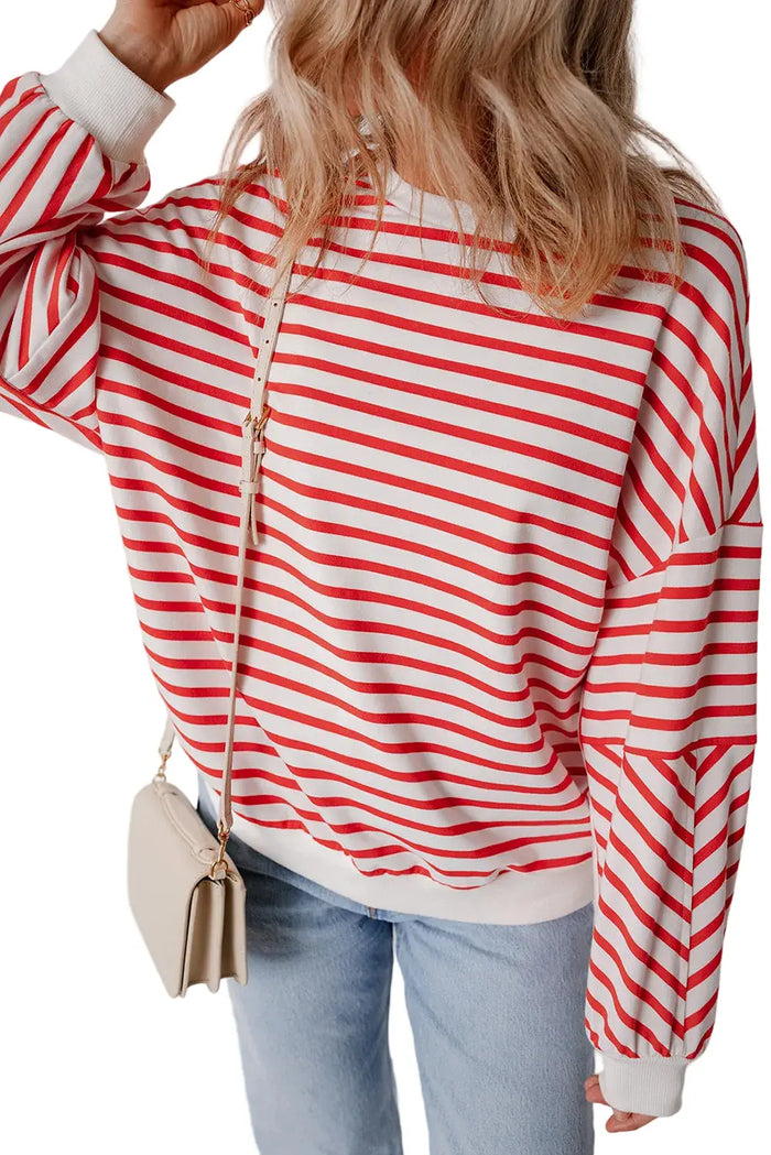 Orange Stripe Drop Shoulder Crew Neck Loose Sweatshirt - S / 70% Polyester + 25% Cotton + 5% Elastane