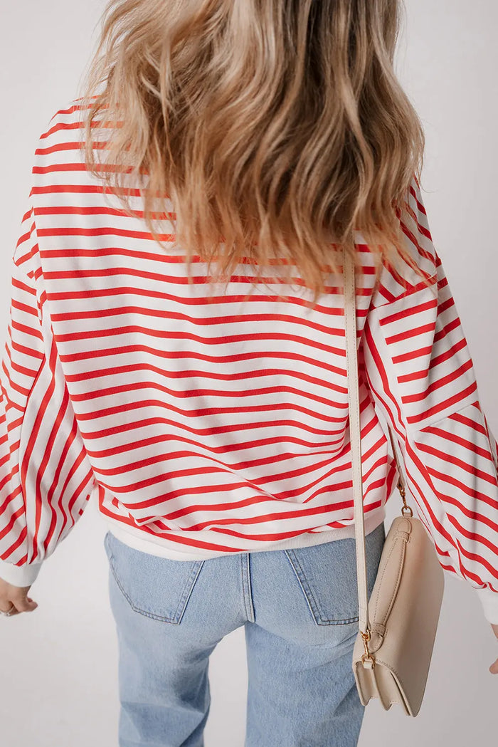 Orange Stripe Drop Shoulder Crew Neck Loose Sweatshirt - Tops/Sweatshirts & Hoodies