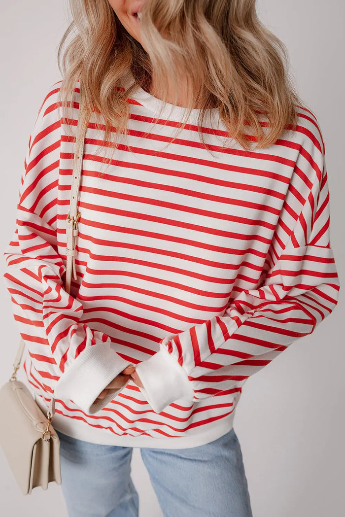 Orange Stripe Drop Shoulder Crew Neck Loose Sweatshirt - Tops/Sweatshirts & Hoodies