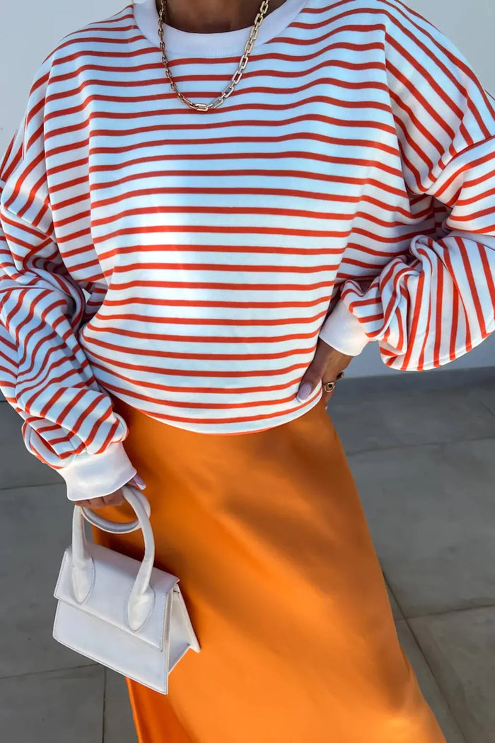 Orange Stripe Drop Shoulder Crew Neck Loose Sweatshirt - Tops/Sweatshirts & Hoodies