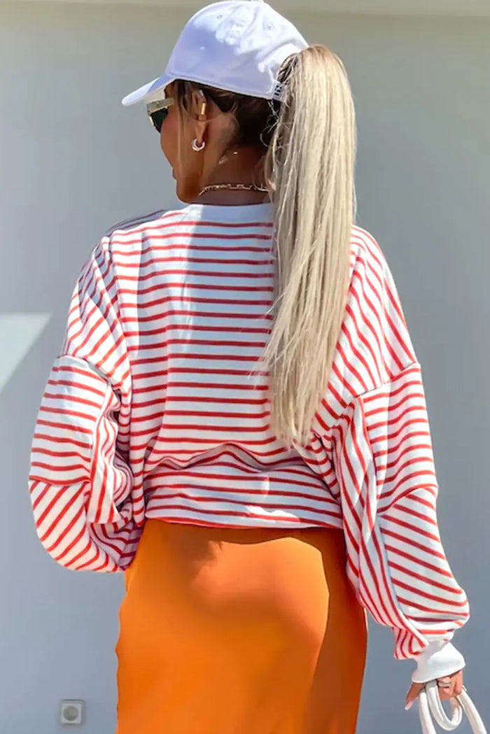 Orange Stripe Drop Shoulder Crew Neck Loose Sweatshirt - Tops/Sweatshirts & Hoodies